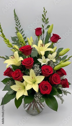 Elegant bouquet of red roses and white lilies arranged in a glass vase for a special occasion decoration. Generative AI
