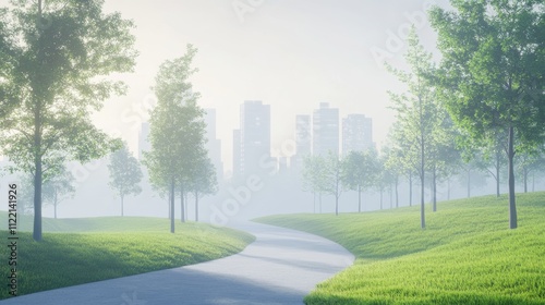 Serene park path in foggy urban landscape. photo