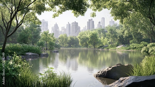 Serene park view with city skyline reflection. photo