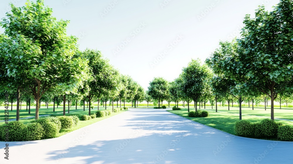 Obraz premium Serene pathway lined with lush green trees.