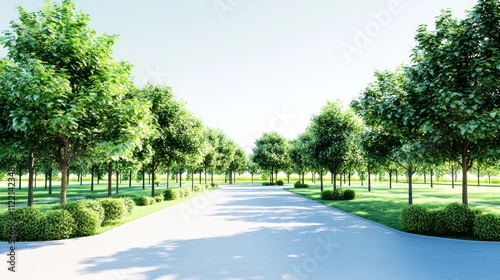 Serene pathway lined with lush green trees. photo