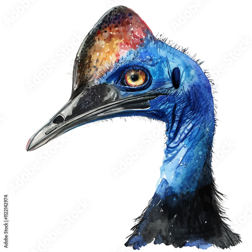 A watercolor of a Cassowary, isolated on a white background. Cassowary vector.