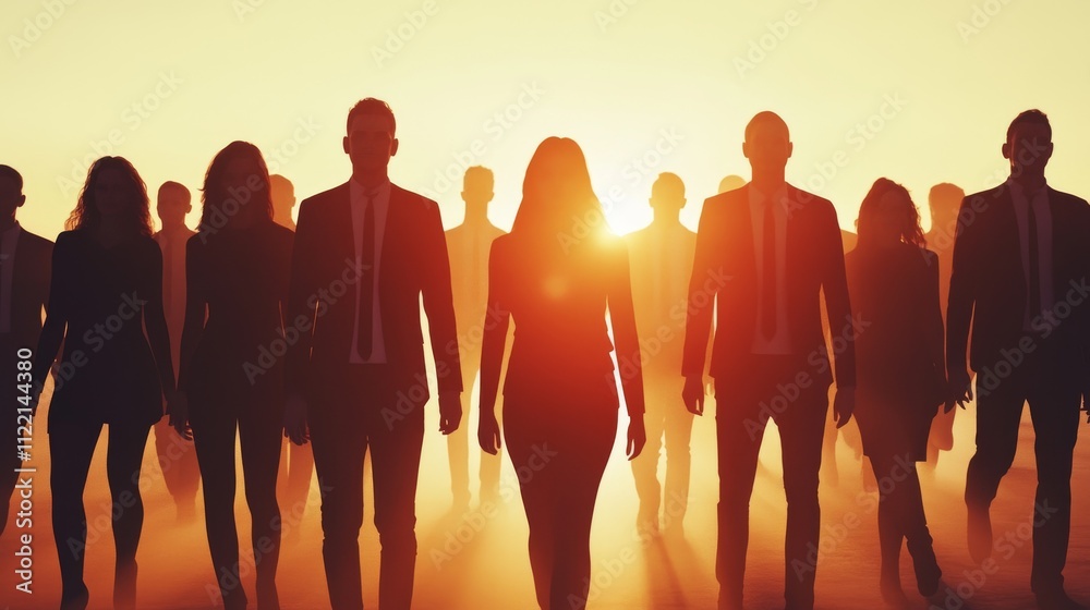 Obraz premium Silhouetted group of professionals at sunset.