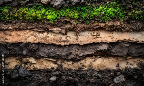 Cross-section of soil layers showing topsoil, subsoil, and bedrock with moss.