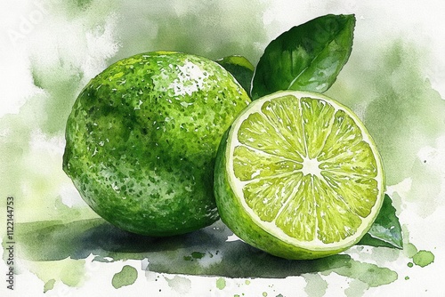 watercolor illustration of a vibrant lime, showcasing its juicy texture and bright green color against a clean, isolated background, evoking freshness and zestiness photo