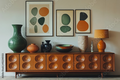 Elegant Modern Living Room Display Showcasing Unique Ceramic Vases and Abstract Art in Warm Earth Tones, Creating a Cozy yet Stylish Atmosphere for a Contemporary Home photo