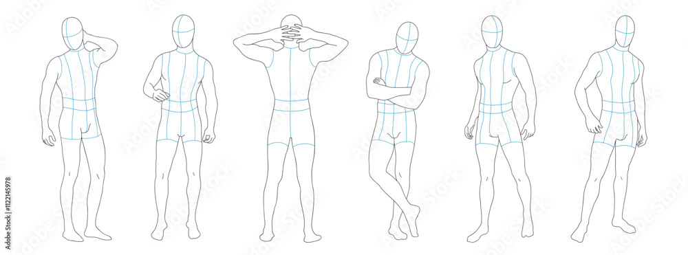 Male body mannequin. Template for fashion sketch ideas of men's clothing. Fashion design. Luxury outline vector illustration set number 2