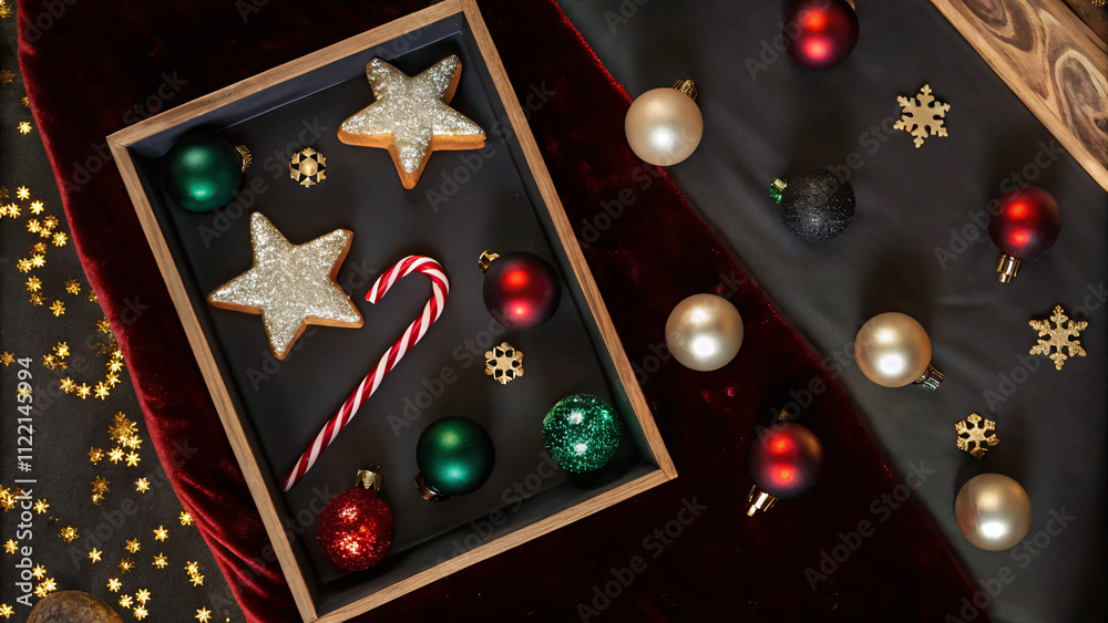 Christmas ornaments in an artistic flat lay, including glossy baubles in red and green, gold stars, candy canes, and sparkling confetti, arranged on a festive red velvet surface Christmas ornaments in an artistic flat lay, including glossy baubles in red and green, gold stars, candy canes, and sparkling confetti, arranged on a festive red velvet surface
