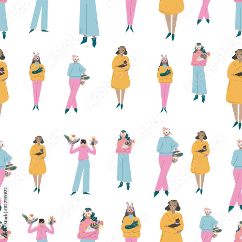 Seamles pattern. Cute girls are going to a costume party.  Flat illustration. Transparent background. Design placat, banner, card