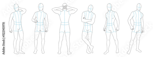 Male body mannequin. Template for fashion sketch ideas of men's clothing. Fashion design. Luxury outline vector illustration set number 2