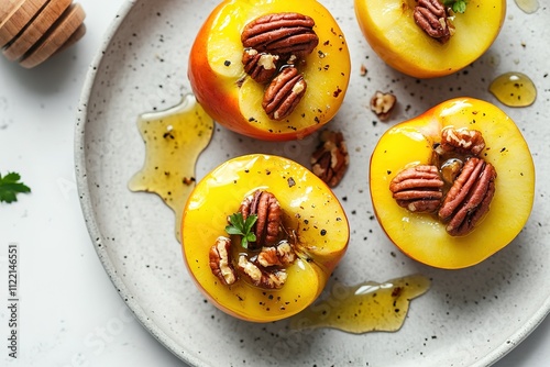 A plate of four peach halves with nuts and honey drizzled on top