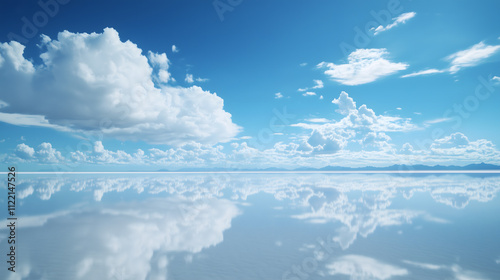 Beautiful landscape shot of Bolivia Salt Flats in Salar de Uyuni. Salt flat water reflection of clouds and empty space. mirror like reflection on blue sky.
