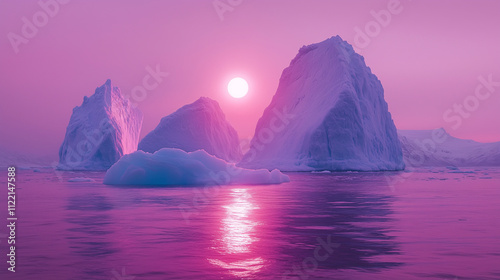 An Arctic scene with towering icebergs in vibrant pink and purple hues. The water reflects the colors of the sky. rising sun, dreamy and ethereal atmosphere.