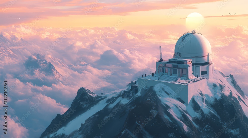 Obraz premium Observatory atop snowy mountain peak at sunset.