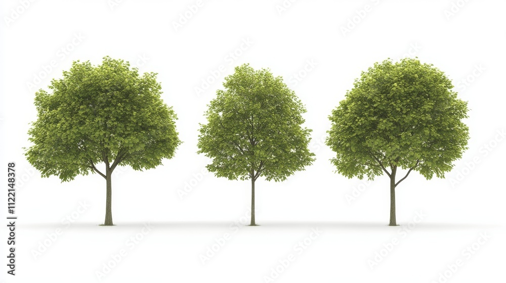 Obraz premium Three lush green trees on a white background.