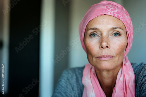Confident middle-aged woman wearing a pink headscarf, symbolizing strength and victory over breast cancer.  .