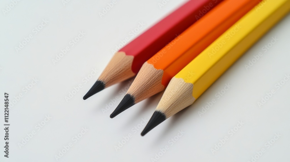 Fototapeta premium Three vibrant colored pencils on a white surface.