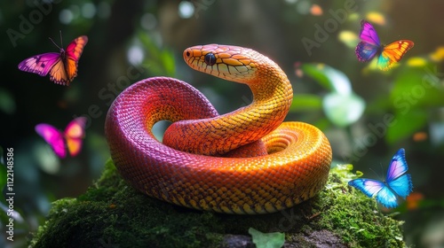 A single coiled orange and red snake sits on a mossy rock surrounded by bright, colorful butterflies fluttering around it. The rich colors create a serene jungle vibe. AI generated. photo