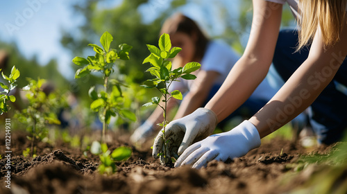 People are working together to plant small plants or saplings in a field. Volunteering activities, contributing to environmental conservation by planting trees.