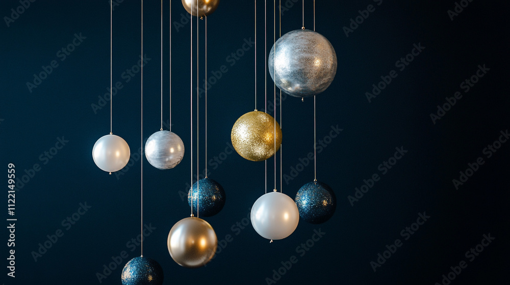 Fototapeta premium Elegant Hanging Gold Silver Blue Glitter Christmas Ornaments