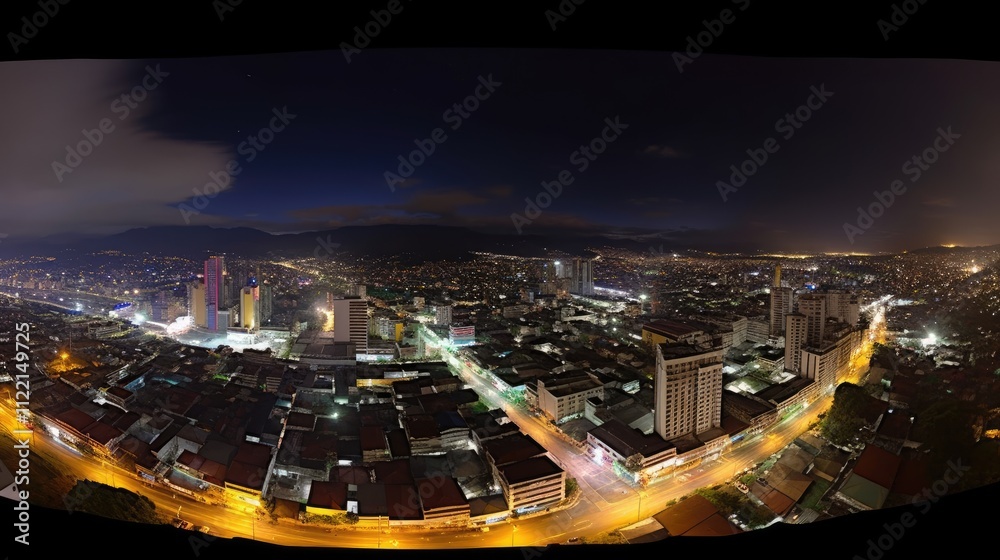 Fototapeta premium A panoramic night view of a city skyline illuminated by lights and buildings.
