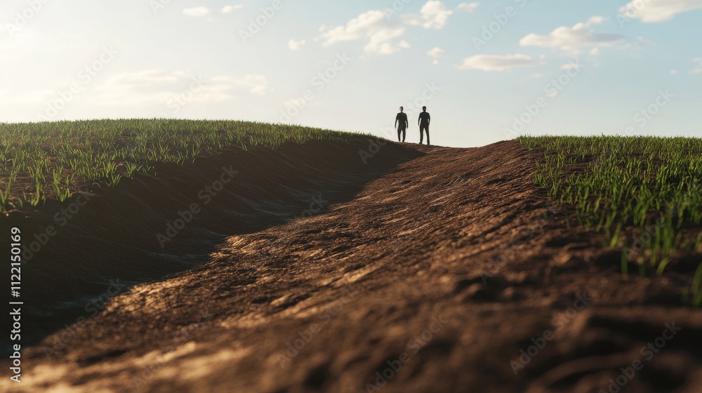 Fototapeta premium Two people walking on a dirt path at sunset.