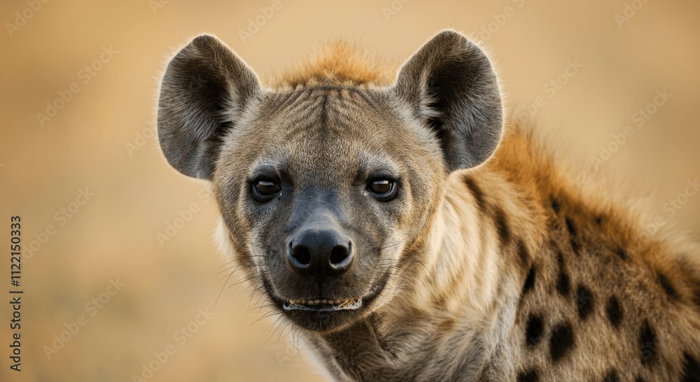Fototapeta premium Close-up portrait of a spotted hyena in african savanna during golden hour