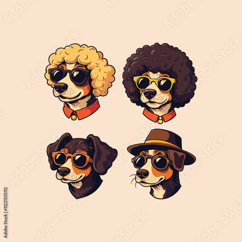 A set of dog with an afro wig and sunglasses vector @ illustration design
