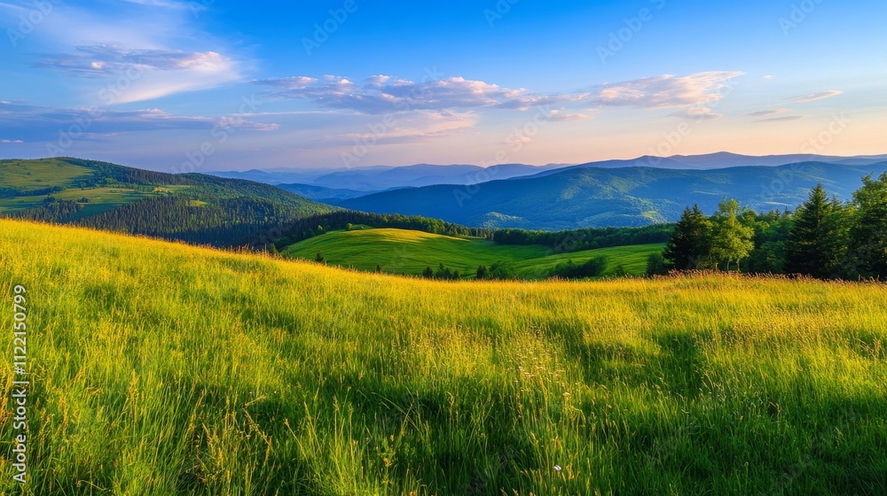 Obraz premium Vast green hills under a clear blue sky.