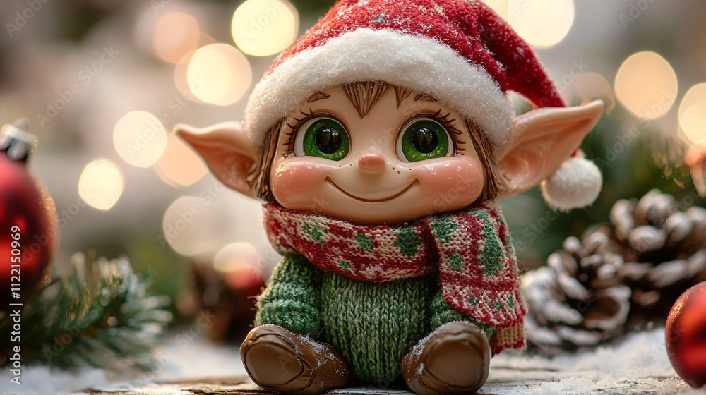Fototapeta premium Adorable Christmas Elf Figurine Festive Holiday Decoration Winter Wonderland Scene