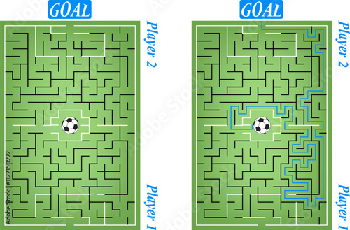 Vector labyrinth inside the football stadium. Help the Player 1 win. Move the ball from the center of grass field to the goal of Player 2. Creative flat soccer maze. View from top