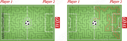 Vector labyrinth inside the football stadium. Help the Player 1 win. Move the ball from the center of grass field to the goal of Player 2. Creative flat soccer maze. View from top