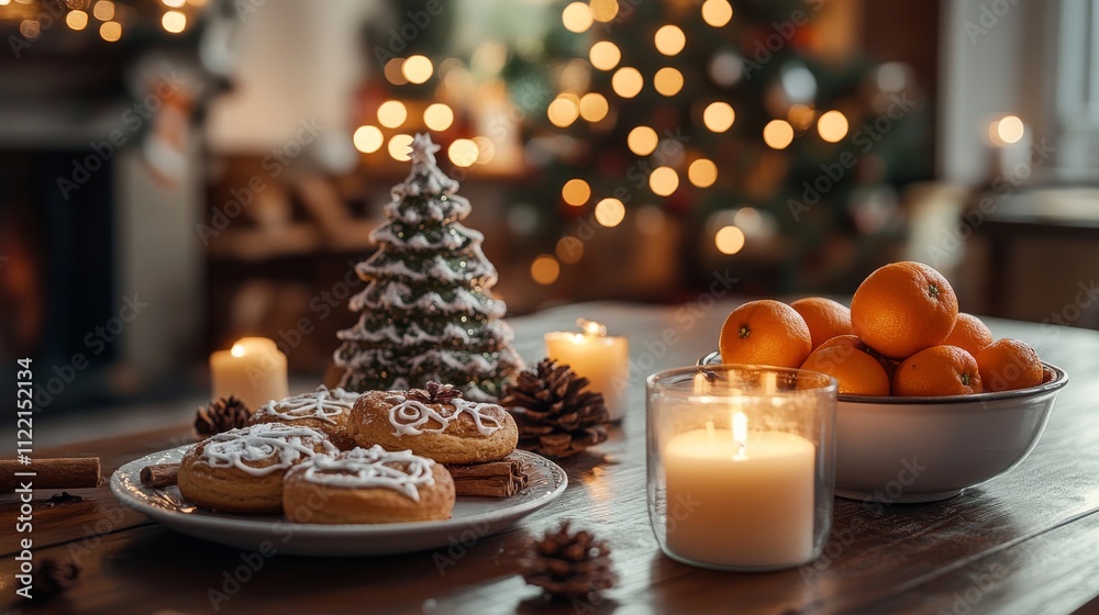 A charming holiday scene with cinnamon rolls, gingerbread cookies in the shape of Christmas trees, and a bowl of tangerines. The room is filled with the warmth of candles and festive cheer. A charming holiday scene with cinnamon rolls, gingerbread cookies in the shape of Christmas trees, and a bowl of tangerines. The room is filled with the warmth of candles and festive cheer.