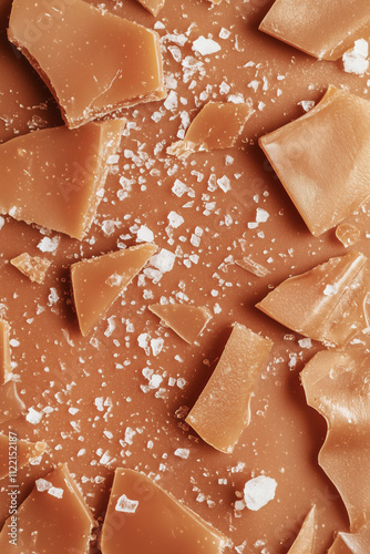 sheet of golden caramel shards broken into irregular pieces, sprinkled generously with coarse sea salt crystals in 2025 mocha brown color photo