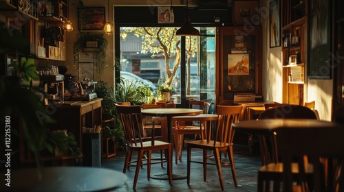 Sunlit cozy cafe interior with wooden tables and chairs.