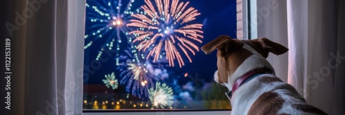 Dog looking out of window at fireworks in night sky Generative aI