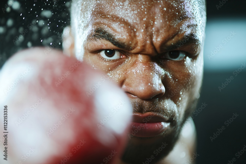 Obraz premium Intense African American boxer with sweat and determination. Close-up of focused athlete mid-fight. Powerful sports portrait showing strength and concentration