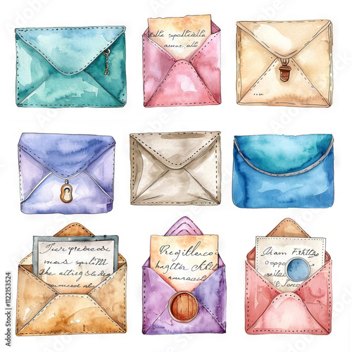 Watercolor colorful envelopes with hand-painted, decorated in the form of a grid, with various drawings and details, with notes inside.