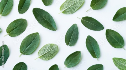 Vibrant green sage leaves displayed on a white background