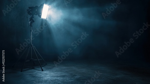 Studio lighting equipment, spotlight, dramatic ambiance, cinematic effect, dark background, illuminated area, texture and shadows, professional photography setup, creative concepts, atmospheric visua photo