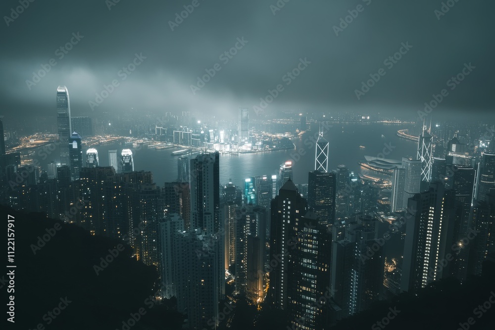 Fototapeta premium A breathtaking nighttime view of Hong Kong's skyline shrouded in mist, showcasing its towering skyscrapers and vibrant city lights.