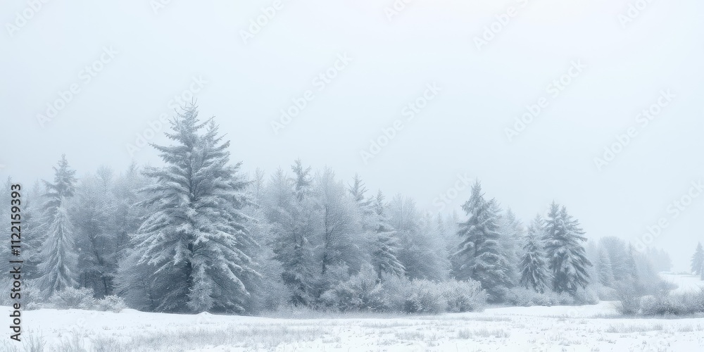 Fototapeta premium Snowflakes gently falling onto a serene winter landscape, covering trees and fields in a blanket of white, fields, scenery