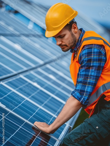 Technician installing solar panels at renewable energy plant outdoor workshop