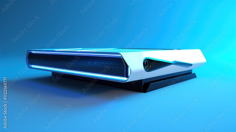 A modern gaming console with a futuristic design, displayed on a solid electric blue background. A modern gaming console with a futuristic design, displayed on a solid electric blue background.
