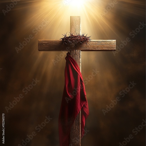 a wooden cross draped with a red cloth and a crown of thorns hangs at the top of the cross