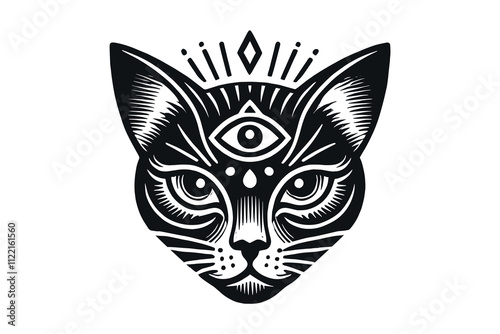 Mystical cat head with a third eye, black and white symmetrical tattoo art