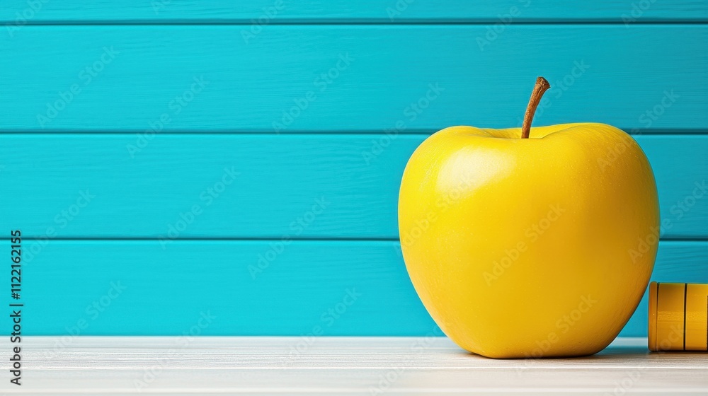 Obraz premium Bright Yellow Apple on Wooden Table Against Turquoise Background