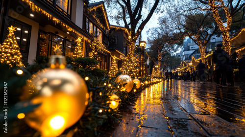 Illuminated Streets Lined With Festive Decorations Inviting Visitors During a Winter Evening in a Vibrant Urban Setting photo