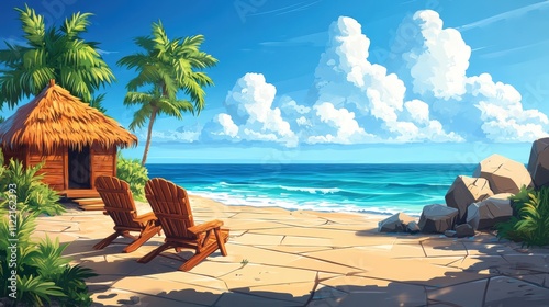 Serene Tropical Beachfront Scene Featuring Two Wooden Lounge Chairs, Palm Trees, Thatched Hut, and a Crystal-Clear Ocean Under a Cloud-Dotted Sky