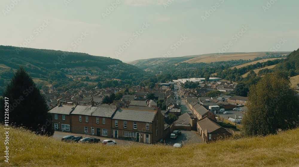 custom made wallpaper toronto digitalA scenic view of a valley town surrounded by hills on a sunny day.